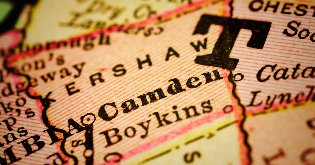 Map of Kershaw County, South Carolina, zoomed in on the town of Camden.